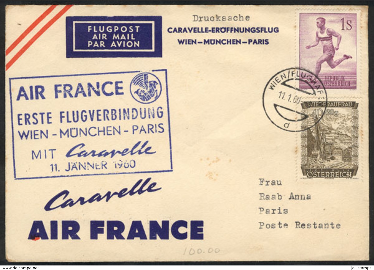 105 AUSTRIA: 11/JA/1960 Air France First Flight Wien - Paris. - Altri & Non Classificati