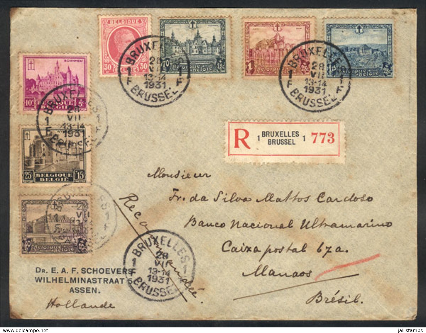 113 BELGIUM: Registered Airmail Cover Sent From Bruxelles To Manaos (Brazil) On 28/JUL/1931 With Nice Multicolored Posta - Altri & Non Classificati