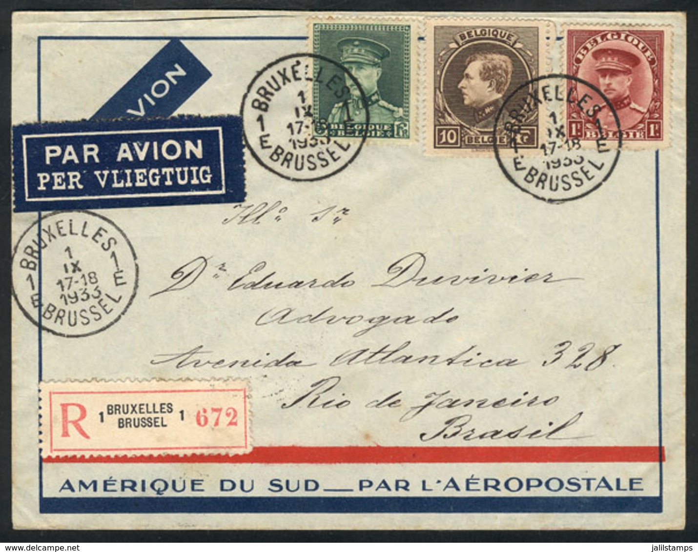 114 BELGIUM: Registered Airmail Cover Sent From Bruxelles To Rio De Janeiro On 1/SE/1933 Franked With 16Fr., By Aeropost - Andere & Zonder Classificatie
