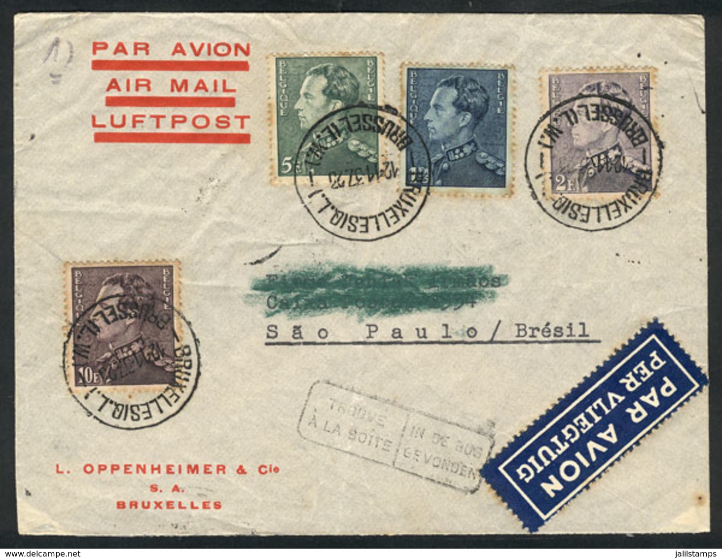 115 BELGIUM: Registered Airmail Cover Sent From Bruxelles To Brazil On 12/NO/1937 Franked With 18.75Fr., Minor Defects,  - Sonstige & Ohne Zuordnung