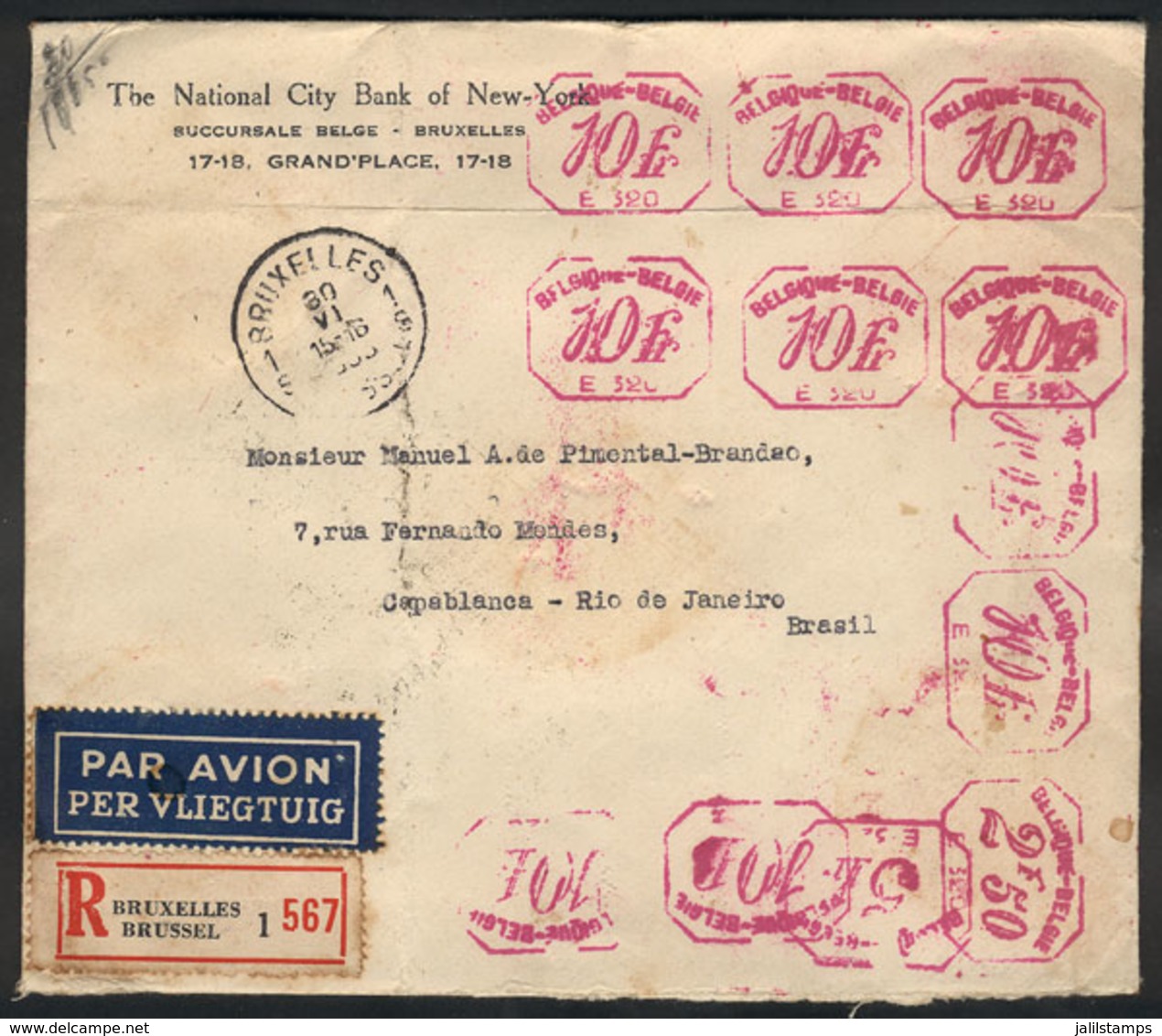 116 BELGIUM: SPECTACULAR MULTIPLE METER POSTAGE: Registered Airmail Cover Sent From Bruxelles To Rio De Janeiro On 30/JU - Andere & Zonder Classificatie