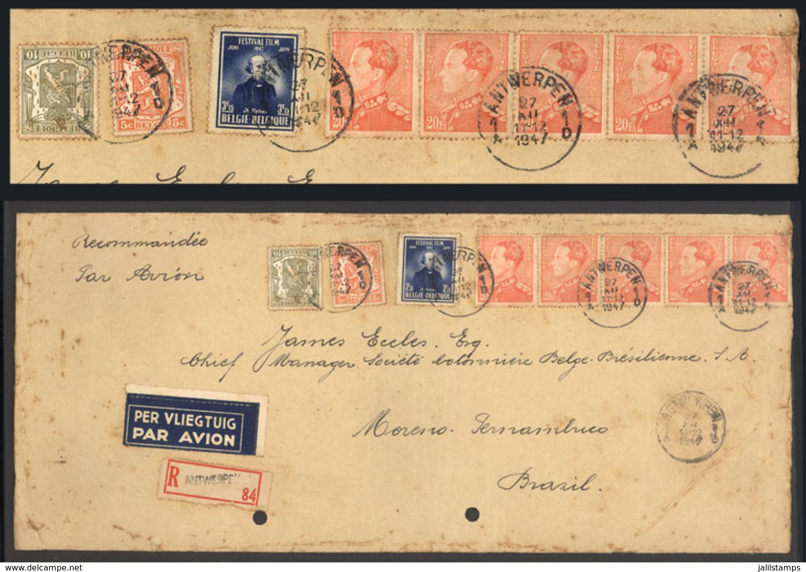 118 BELGIUM: Registered Airmail Cover Sent From Antwerpen To Mreno (Pernambuco, Brazil), With Notable Postage Of 103.30F - Altri & Non Classificati