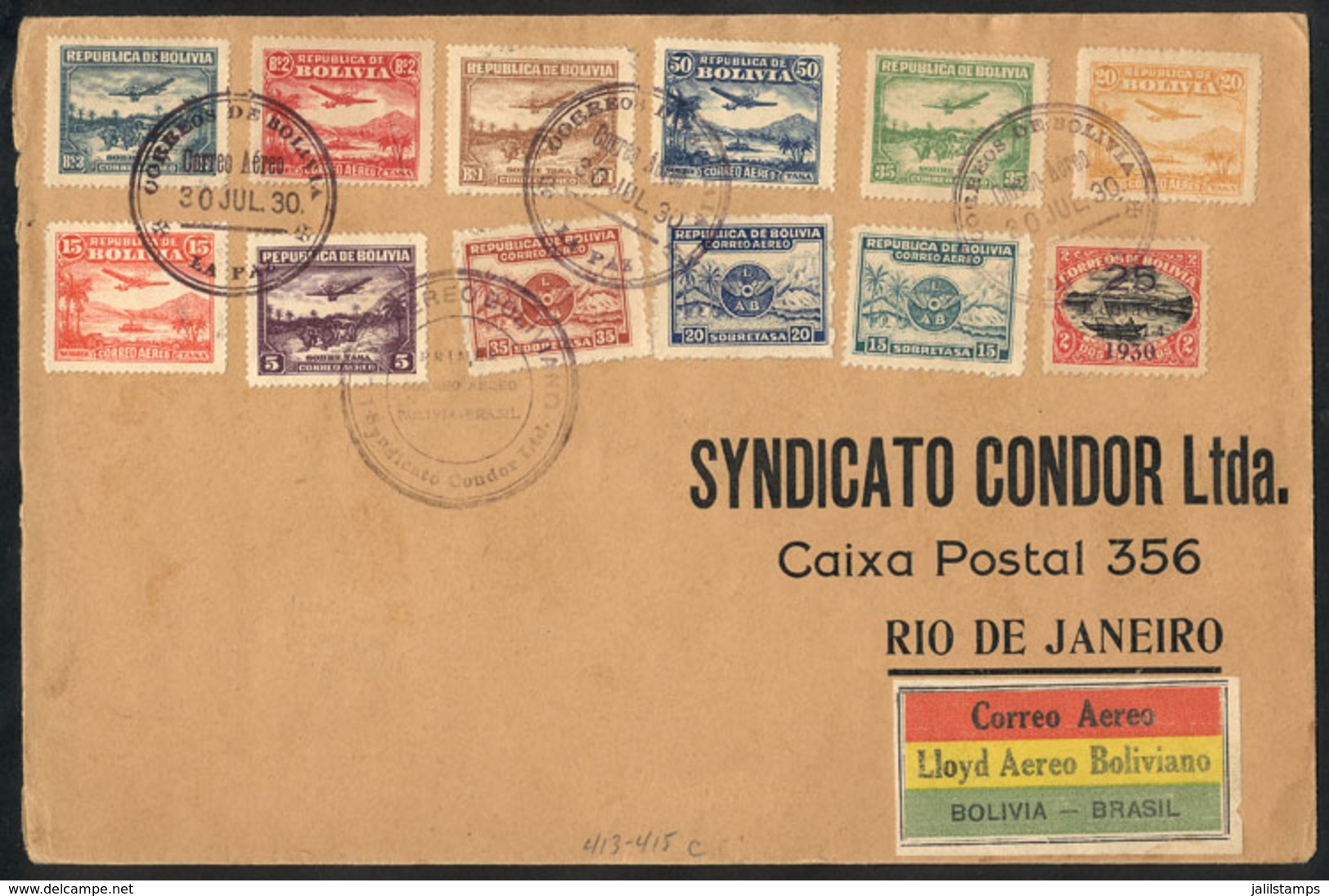 120 BOLIVIA: 30/JUL/1930 First Airmail Bolivia-Brazil Via Syndicato Condor, Good Cover With Very Nice Multicolored Posta - Bolivia
