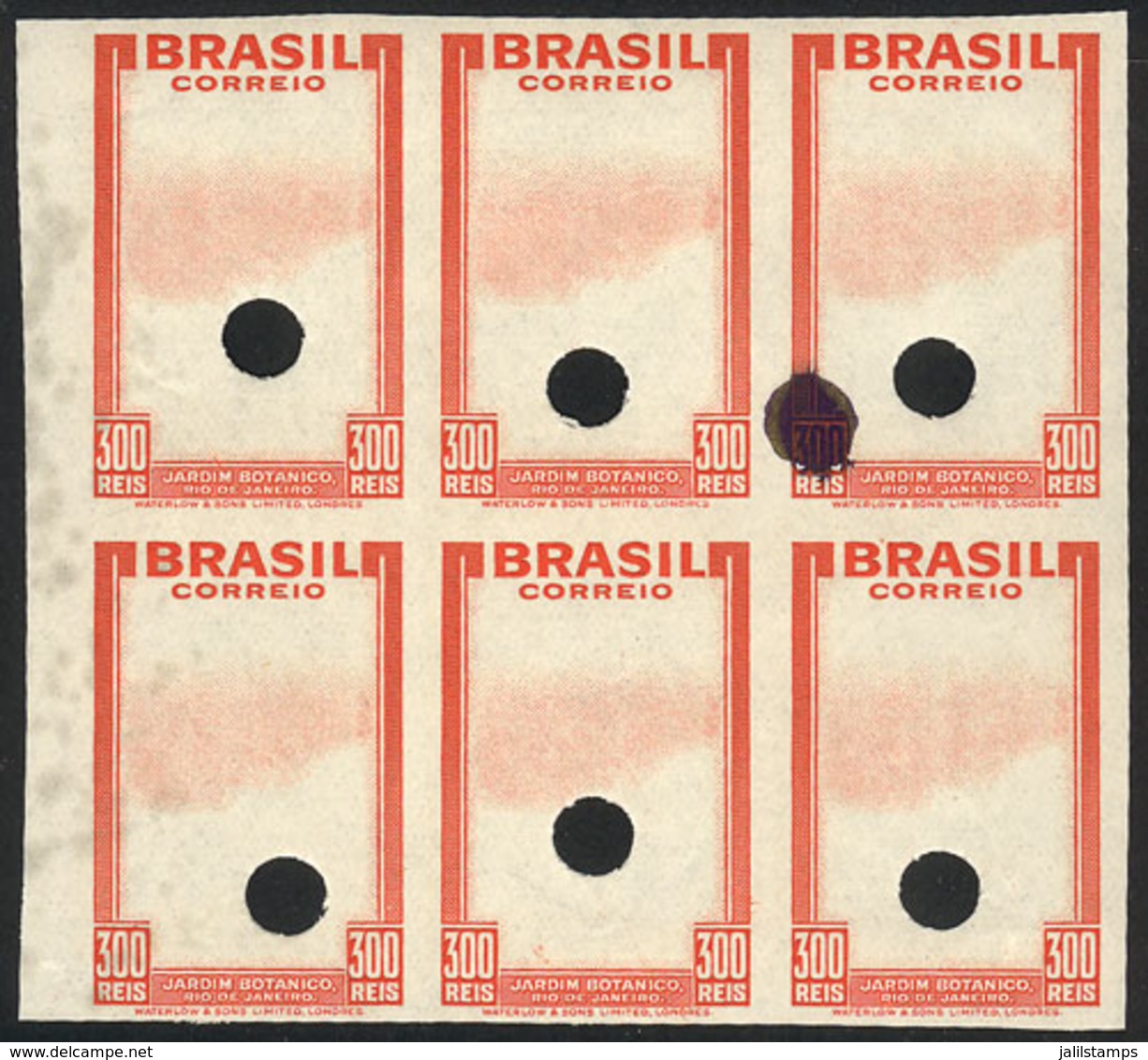129 BRAZIL: Sc.447, 1937 Botanical Garden In Rio, PROOF Of The Frame, MNH Block Of 6 With Punch Hole In The Center, VF A - Otros & Sin Clasificación