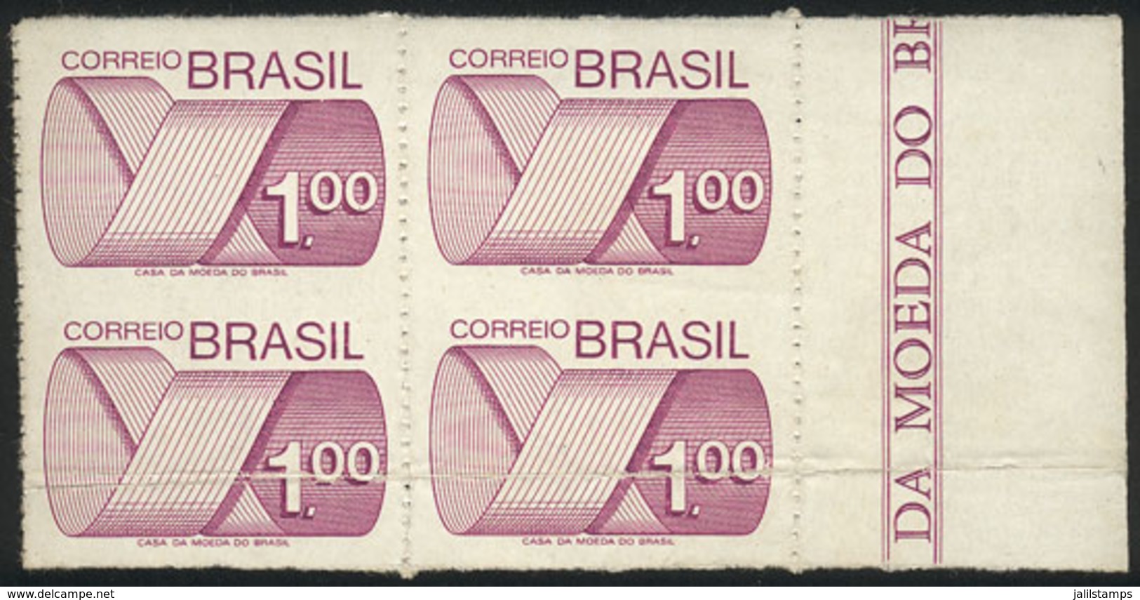 133 BRAZIL: Sc.1257 (RHM.552), Block Of 4 IMPERFORATE HORIZONTALLY Variety, The Lower Stamps With Crease, All The Same V - Altri & Non Classificati
