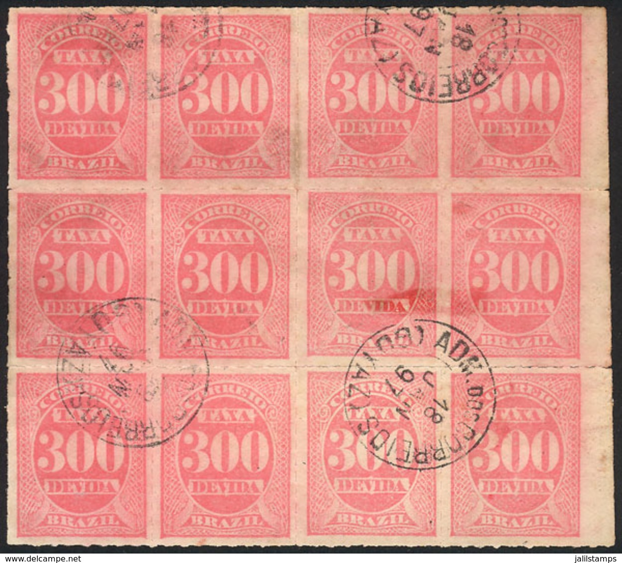 141 BRAZIL: Sc.J6, 1889 300rs. Rose, Large Used Block Of 12 (with Right Sheet Margin Un-rouletted), Cancelled GOYAZ 18/J - Portomarken