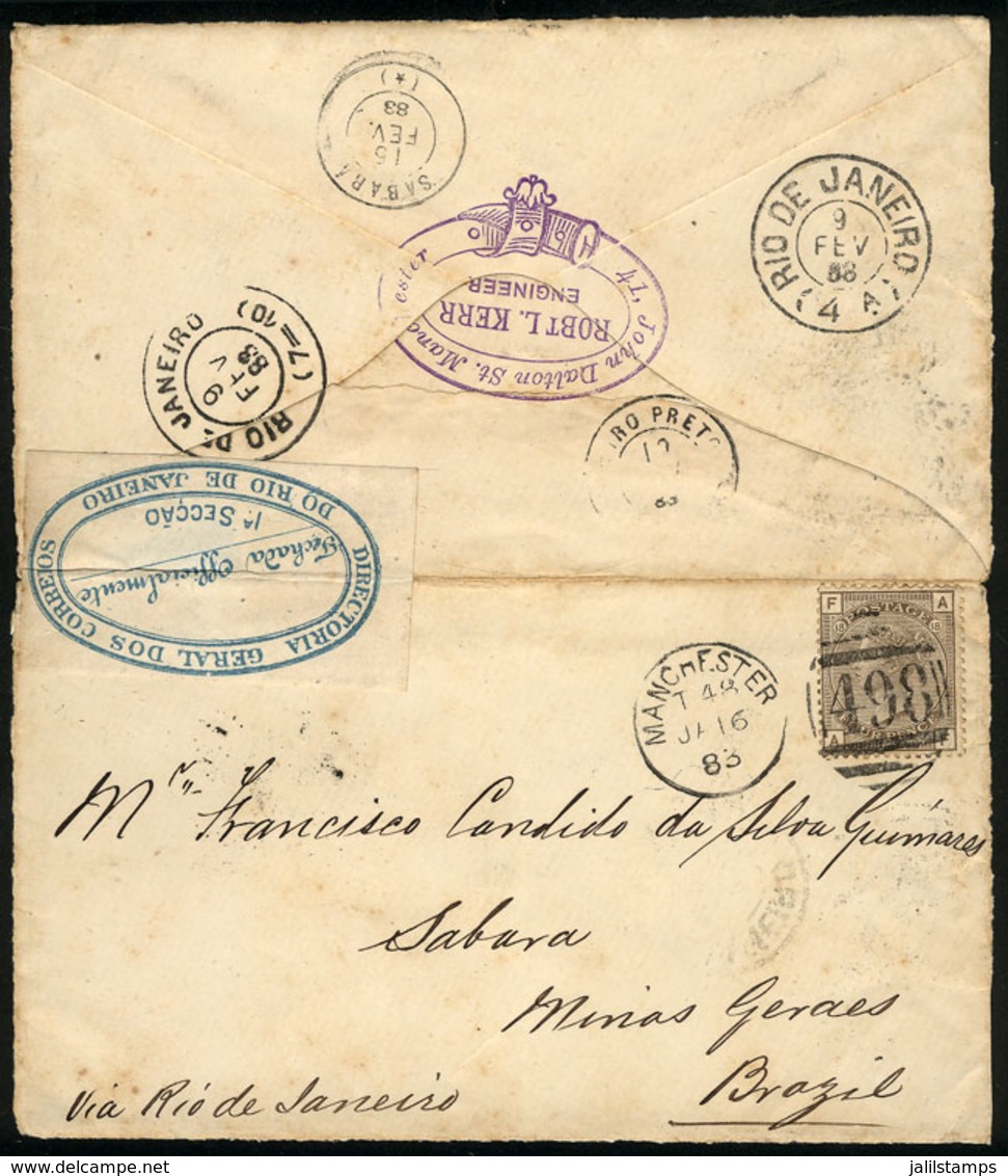 144 BRAZIL: Cover Of Manchester England (16/JA/1883) To Sabará (Minas), With Transit Marks Of Rio (9/FE), Ouro Preto (13 - Sonstige & Ohne Zuordnung