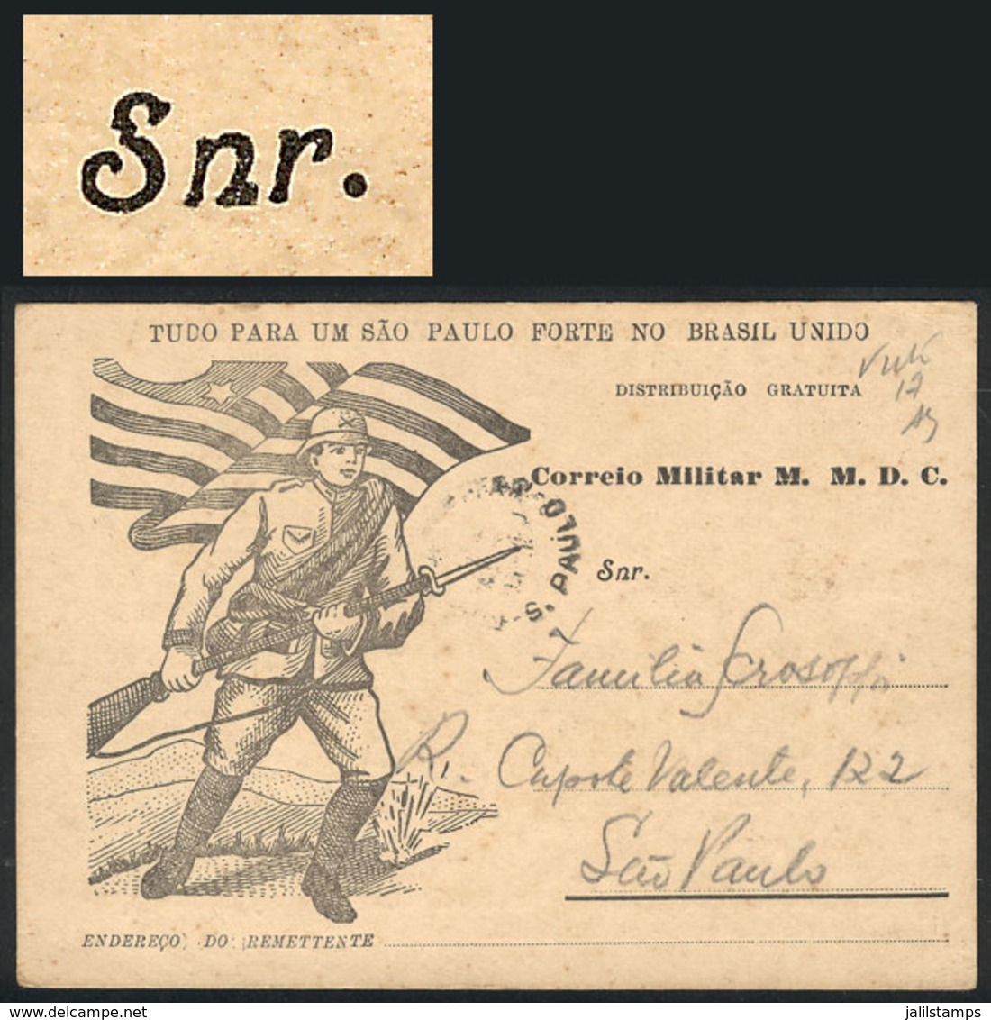 148 BRAZIL: Sao Paulo & Mato Grosso Constitutionalist Campaign: RHM.BPR-4A Card, With Variety "S" Of "Snr." With Ornamen - Interi Postali