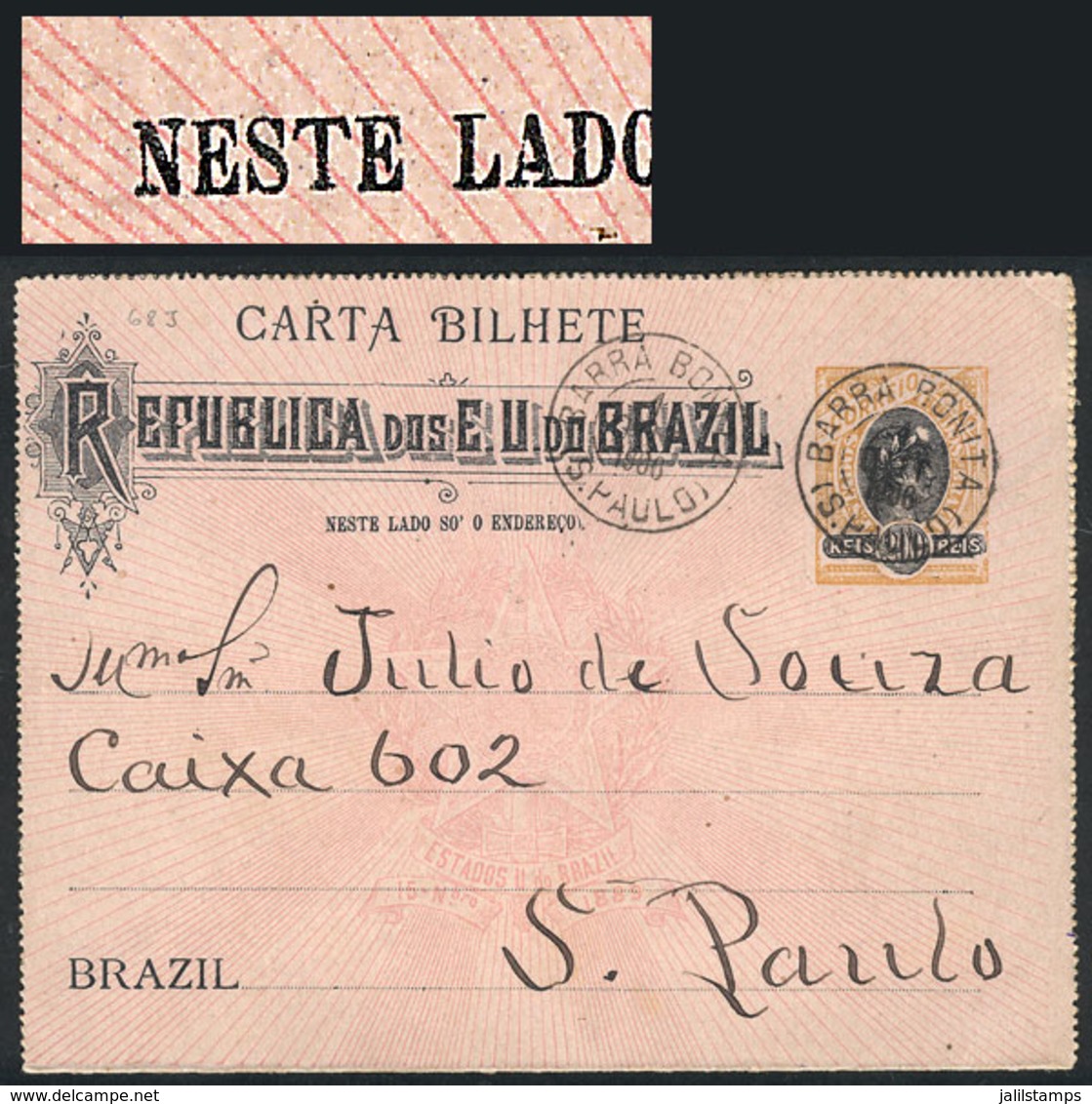 152 BRAZIL: RHM.CB-68J, Lettercard With Variety "without Parenthesis Before NESTE", Used In 1906, Fine Quality, Rare, Ca - Interi Postali