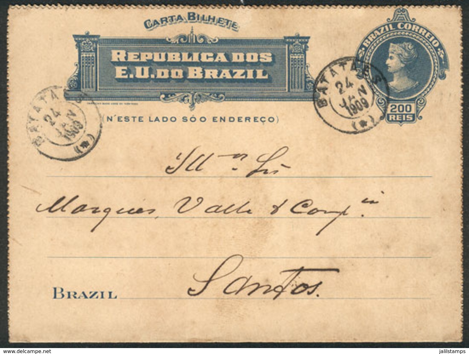 154 BRAZIL: RHM.CB-80, Lettercard Sent From BATATAES To Santos On 24/JA/1909, VF Quality, Catalog Value 220Rs. - Ganzsachen