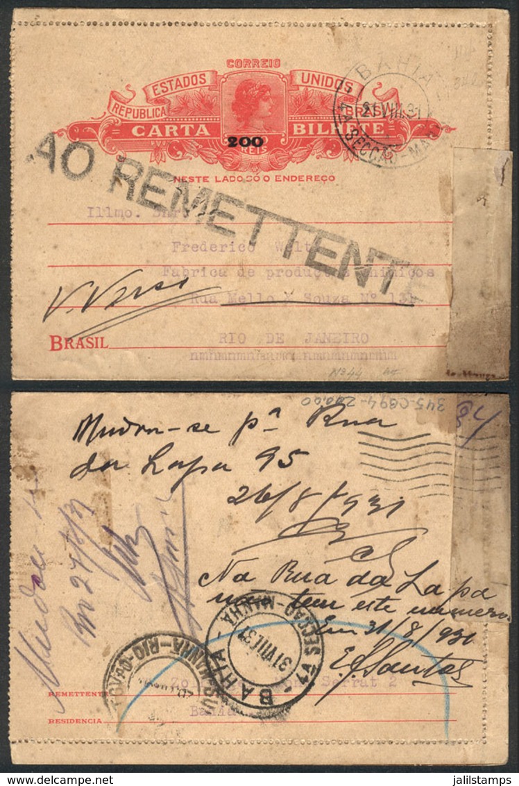 156 BRAZIL: RHM.CB-95, Lettercard Sent From Bahia To Rio On 21/AU/1931 And Returned To Sender, Very Nice, Catalog Value  - Ganzsachen