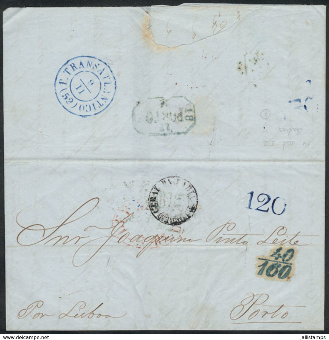 186 BRAZIL: 19/OC/1852 Bahia - Porto (Portugal): Entire Letter With Good Transit And Dues Markings, Excellent Quality! - Altri & Non Classificati