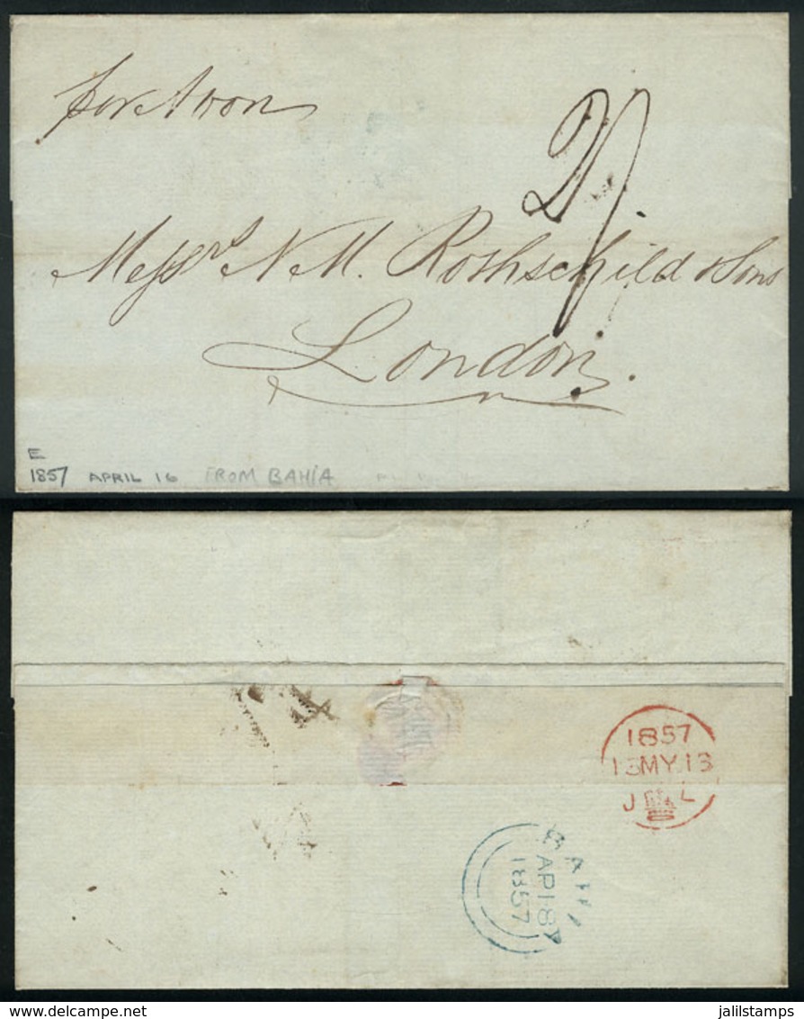 189 BRAZIL: 16/AP/1857 BAHIA - LONDON: Folded Cover With Backstamps Of The British Postal Agency In Bahia (18/AP, Blue)  - Altri & Non Classificati