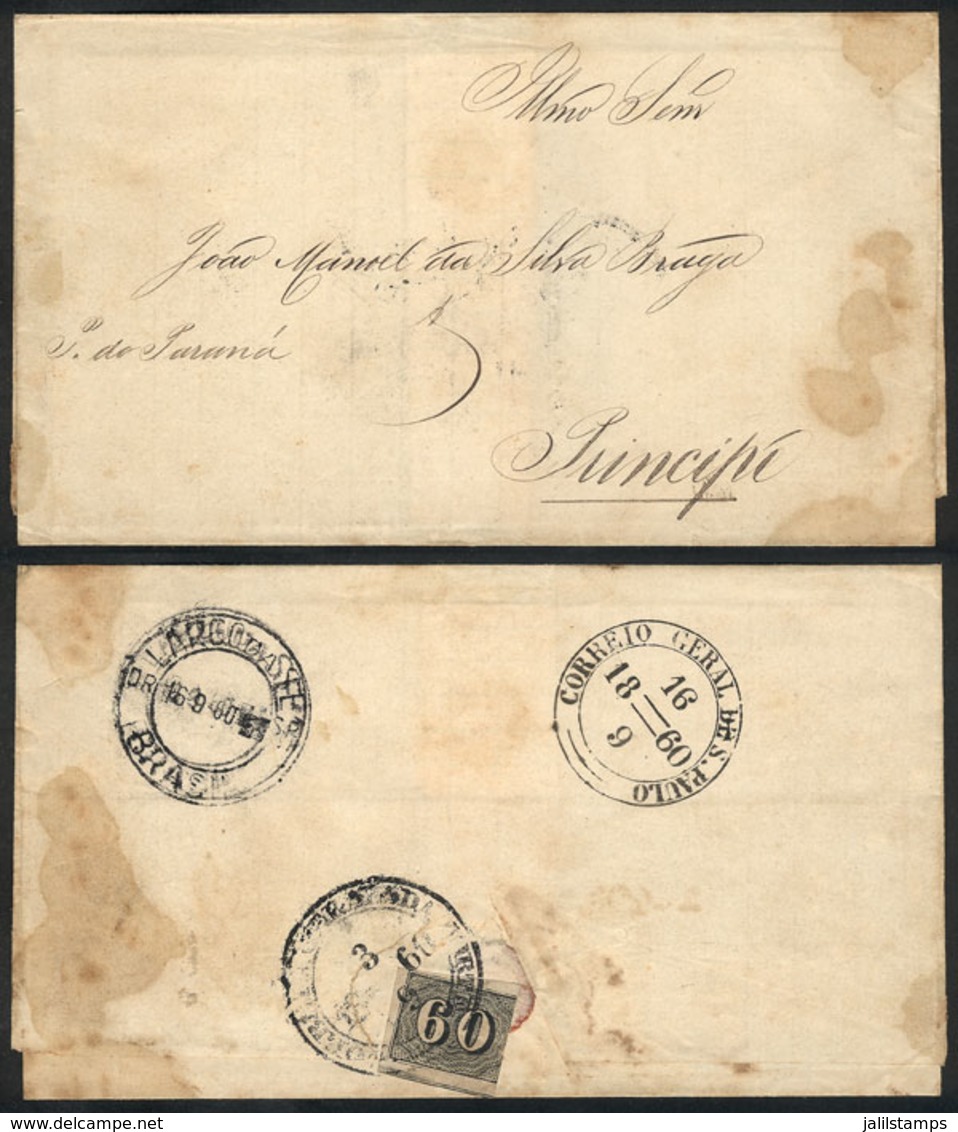 192 BRAZIL: Folded Cover Franked On Reverse With 60Rs. (Sc.24), Sent From Rio To Principe On 3/SE/1860, Very Nice! - Andere & Zonder Classificatie