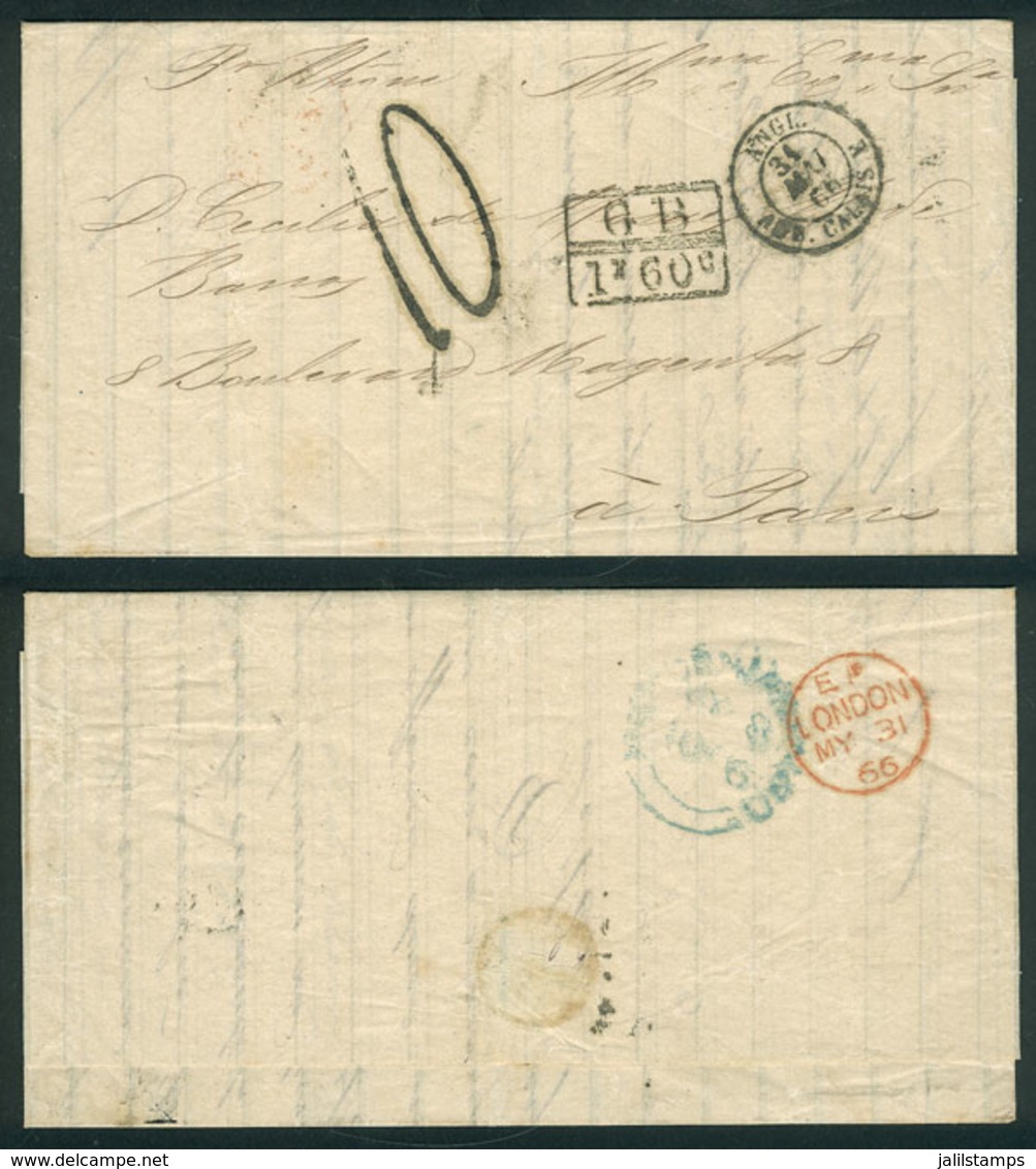 194 BRAZIL: Entire Letter Sent From Rio De Janeiro To Paris On 8/MAY/1866 Via British Mail, On Reverse With Green-blue C - Andere & Zonder Classificatie