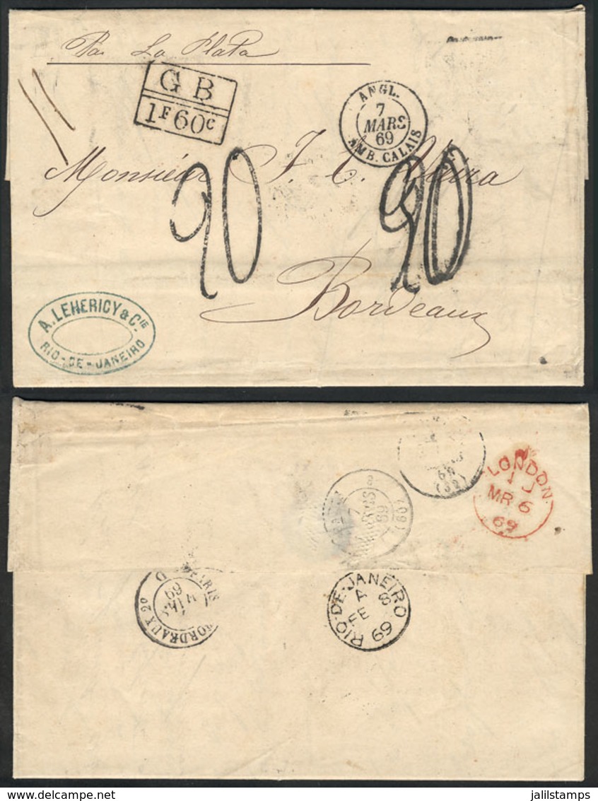196 BRAZIL: Entire Letter From Rio De Janeiro (8/FE/1869) To Bordeaux Via British Mail, With A Number Of Interesting Pos - Altri & Non Classificati