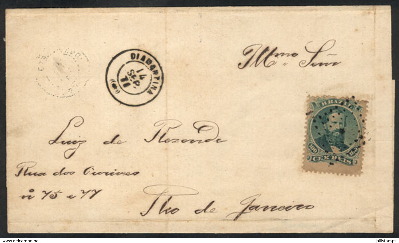 199 BRAZIL: Folded Cover Franked With 100Rs. (Sc.58), Sent From DIAMANTINA To Rio De Janeiro On 14/SE/1871, VF Quality! - Otros & Sin Clasificación