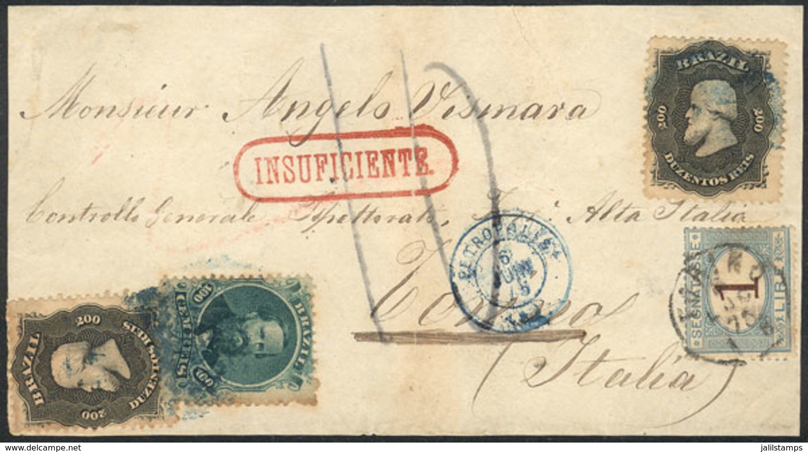 201 BRAZIL: 6/JUN/1875 Petropolis - Italy: Front Of Cover Franked By Sc.58 + 2x 59 (total 500Rs.), With Red "INSUFICIENT - Altri & Non Classificati