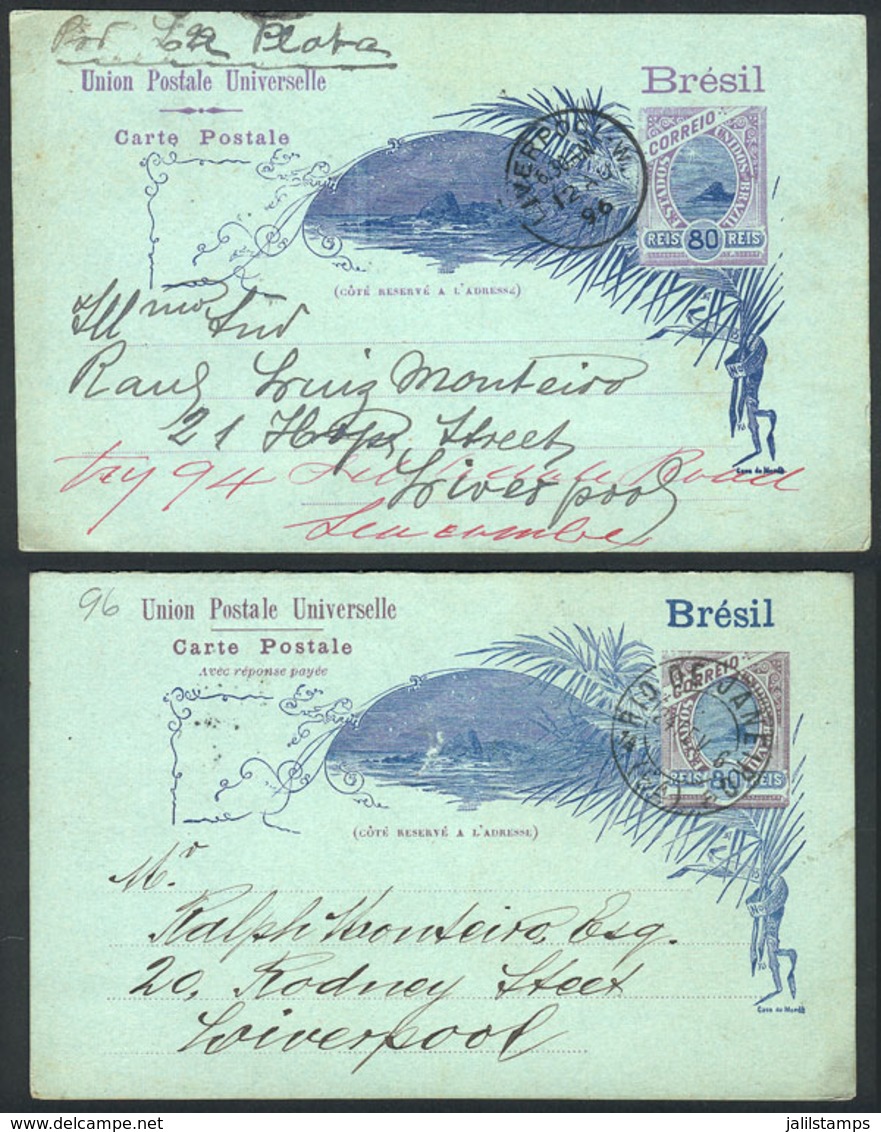 209 BRAZIL: 2 Postal Cards Of 80Rs. Sent To Liverpool In FEB And JUL/1896 (the Latter Is Double, With Unused Reply Attac - Otros & Sin Clasificación