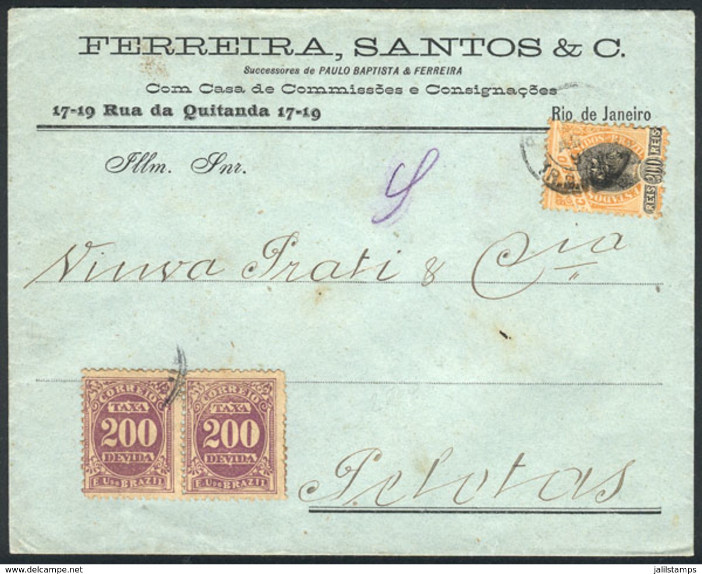 216 BRAZIL: Cover Sent From Rio To Pelotas In AP/1899 Franked With 200Rs., Insufficient Postage, With Postage Due Stamps - Autres & Non Classés
