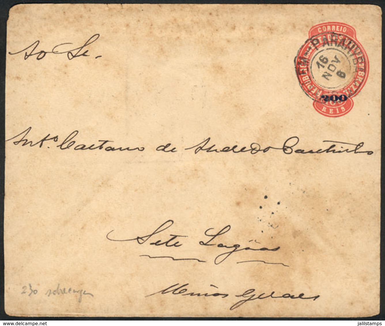 217 BRAZIL: RHM.EN-54 Stationery Cover Sent From Parahyba To Sete Lagoas On 16/NO/1899, Good Cancels, Rare! - Sonstige & Ohne Zuordnung