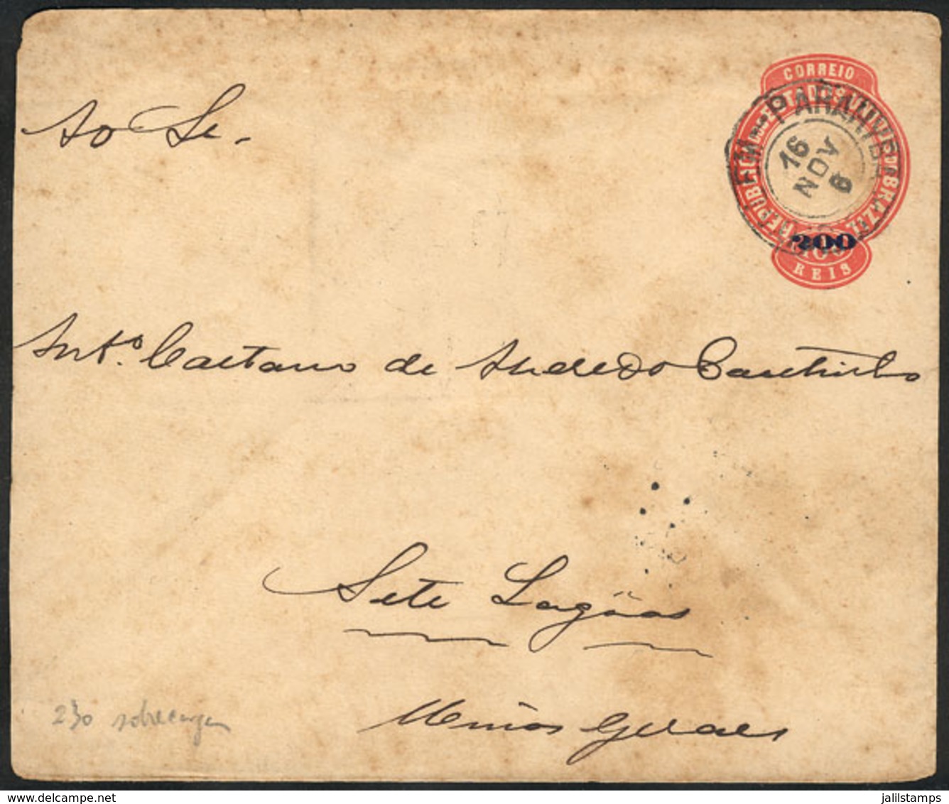 217 BRAZIL: RHM.EN-54 Stationery Cover Sent From Parahyba To Sete Lagoas On 16/NO/1899, Good Cancels, Rare! - Altri & Non Classificati