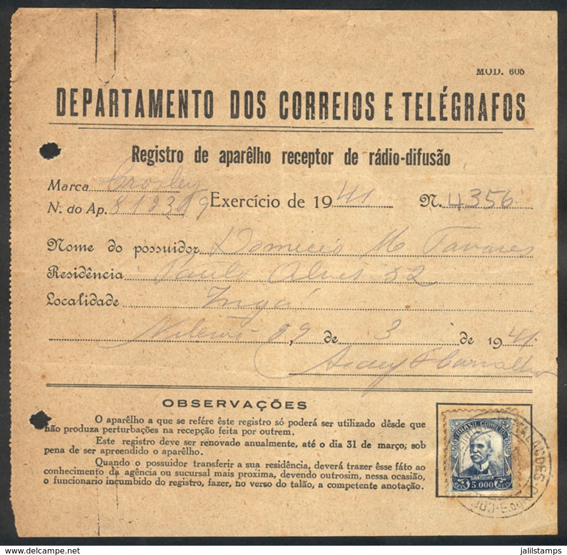 218 BRAZIL: Registration Receipt Of An Amateur Radio Receiver, Dated 9/MAR/1941 And With Franking For 5,000Rs., Very Int - Altri & Non Classificati
