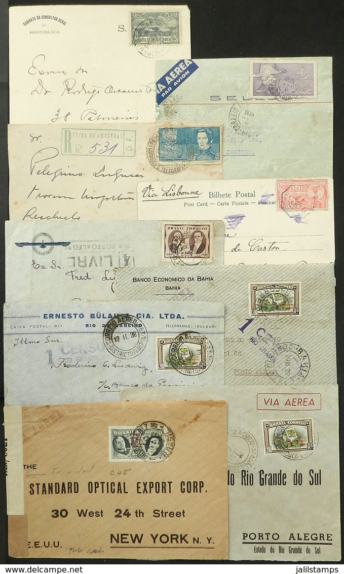 229 BRAZIL: 9 Covers Or Cards Used Between 1906 And 1941, Postages With Commemorative Stamps Used ALONE, Some Very Rare, - Otros & Sin Clasificación