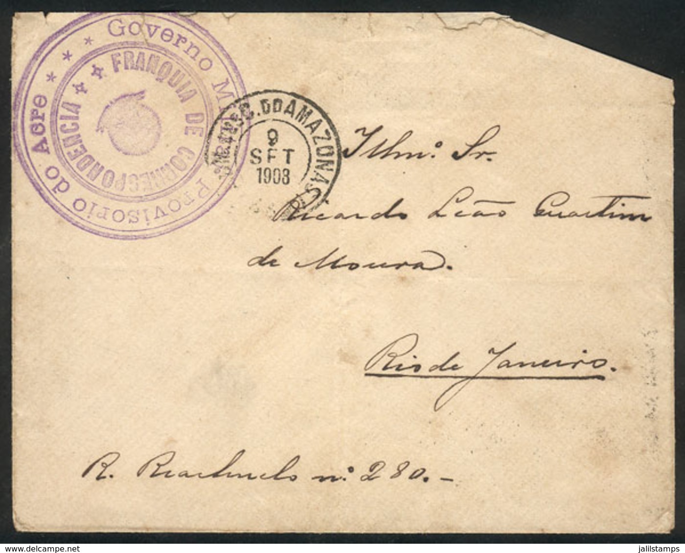 235 BRAZIL: Cover Sent From Amazonas To Rio De Janeiro On 9/SE/1903, With Violet "GOVERNO MILITAR PROVISORIO DO ACRE" Ma - Altri & Non Classificati