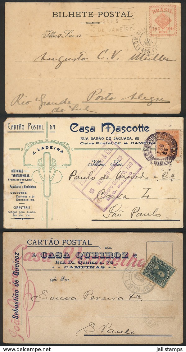 237 BRAZIL: 3 Postcards Of Commercial Establishments, Used Between 1910 And 1926 Approx., Franked With 50Rs. And 100Rs., - Otros & Sin Clasificación