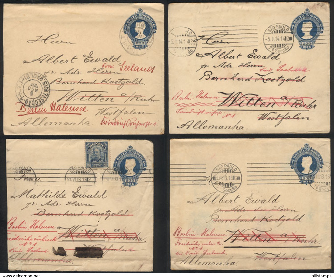 243 BRAZIL: 4 Stationery Covers Of 200Rs., One Uprated (+200Rs.), Sent From Sao Paulo To Germany Between 1912 And 1914,  - Andere & Zonder Classificatie