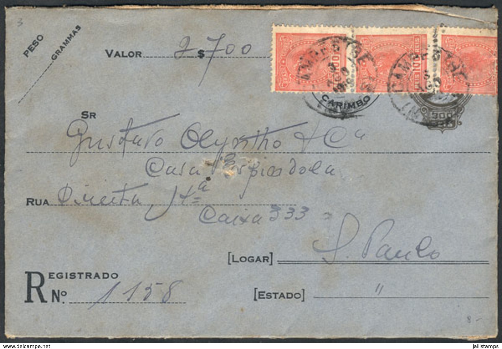 258 BRAZIL: Cover With Declared Value And Franked With 300Rs. (Sc.204 X3), Sent From Campestre To Sao Paulo On 3/AU/1919 - Sonstige & Ohne Zuordnung