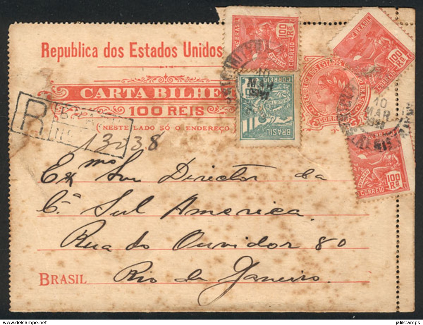 264 BRAZIL: 100Rs. Lettercard With Additional Postage (total 450Rs.) Sent By REGISTERED Mail From Curitiba To Rio De Jan - Andere & Zonder Classificatie