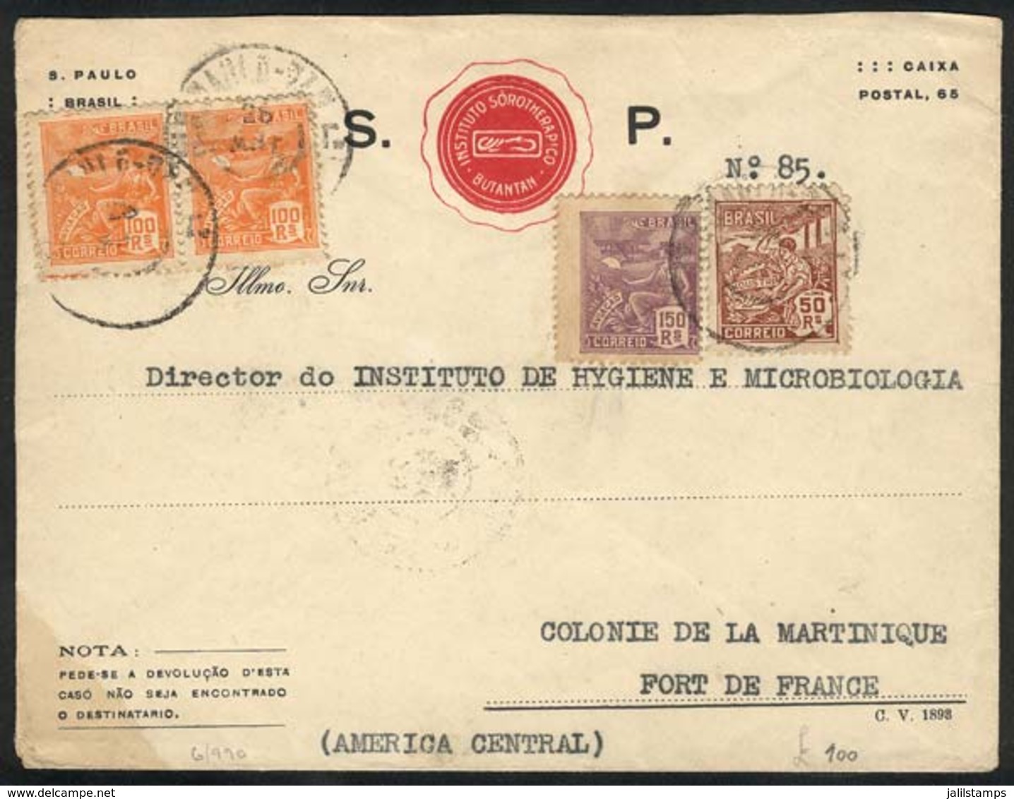 273 BRAZIL: Cover Sent From Sao Paulo To MARTINIQUE On 28/MAR/1924, With Transit Backstamp Of BARBADOS For 12/MAY And Fo - Autres & Non Classés