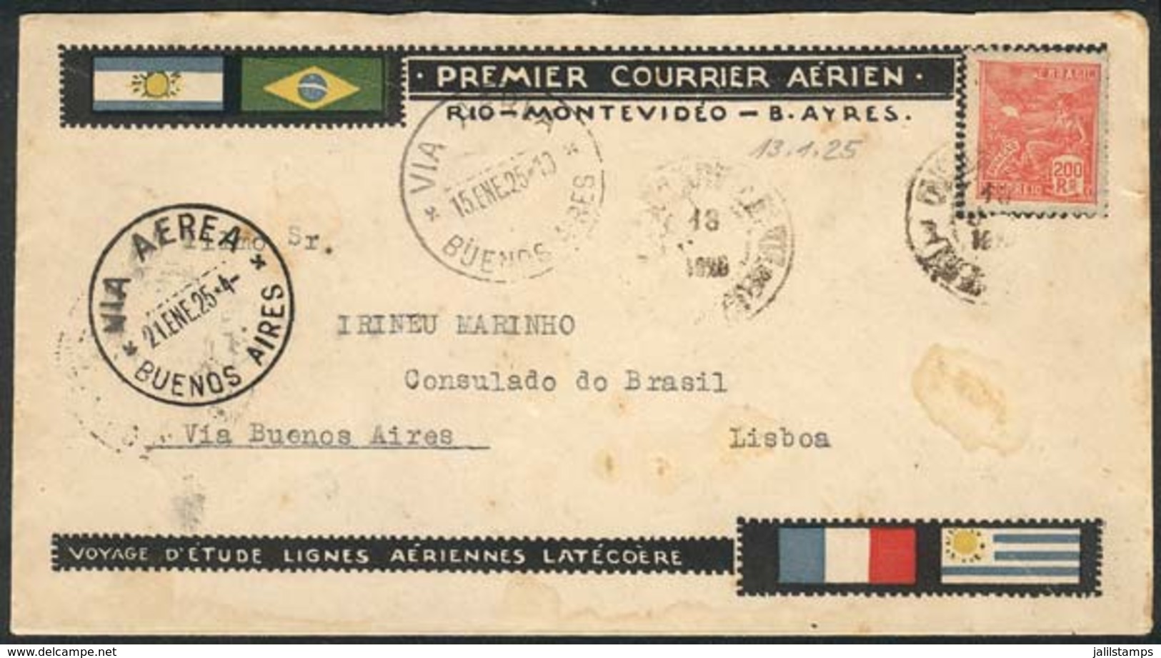275 BRAZIL: 13/JA/1925: Experimental Flight Of Latécoère Airlines Between Rio And Buenos Aires, Cover Franked With 200Rs - Otros & Sin Clasificación