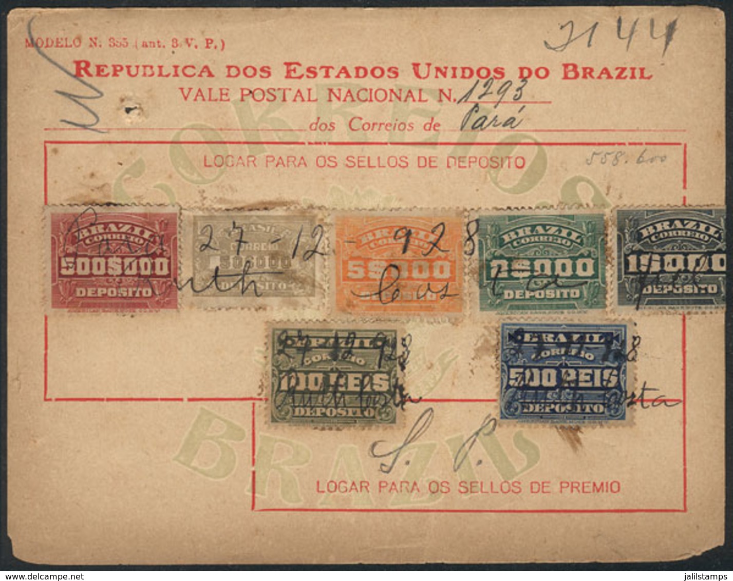293 BRAZIL: Vale Postal Nacional (money Order) Of 558,600 Rs., Used On 27/DE/1928, VF Quality. - Otros & Sin Clasificación