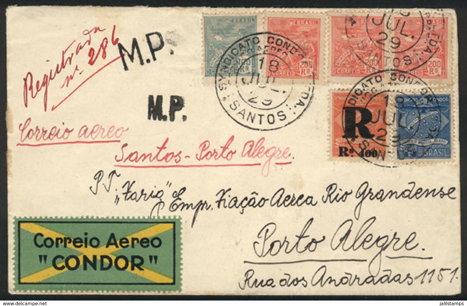 305 BRAZIL: Registered Airmail Cover Sent From Santos To Porto Alegre By CONDOR On 18/JUL/1929, With Very Nice Postage I - Sonstige & Ohne Zuordnung