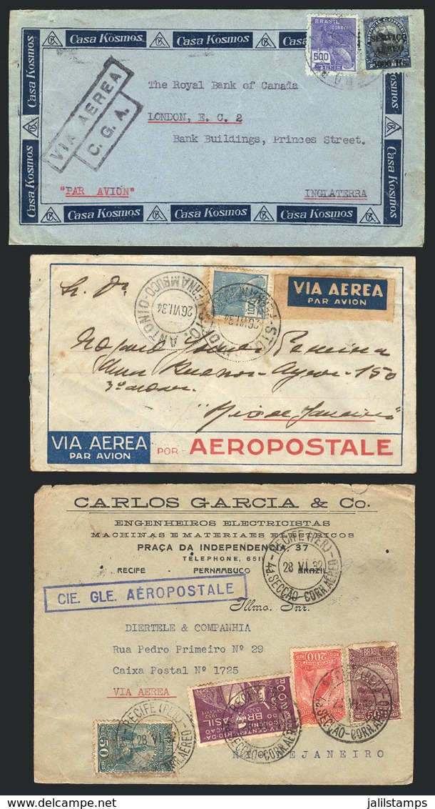 311 BRAZIL: 3 Airmail Covers Used Between 1930 And 1934, Flown By Cie Grale. Aeropostale, VF Quality, Very Attractive! - Sonstige & Ohne Zuordnung