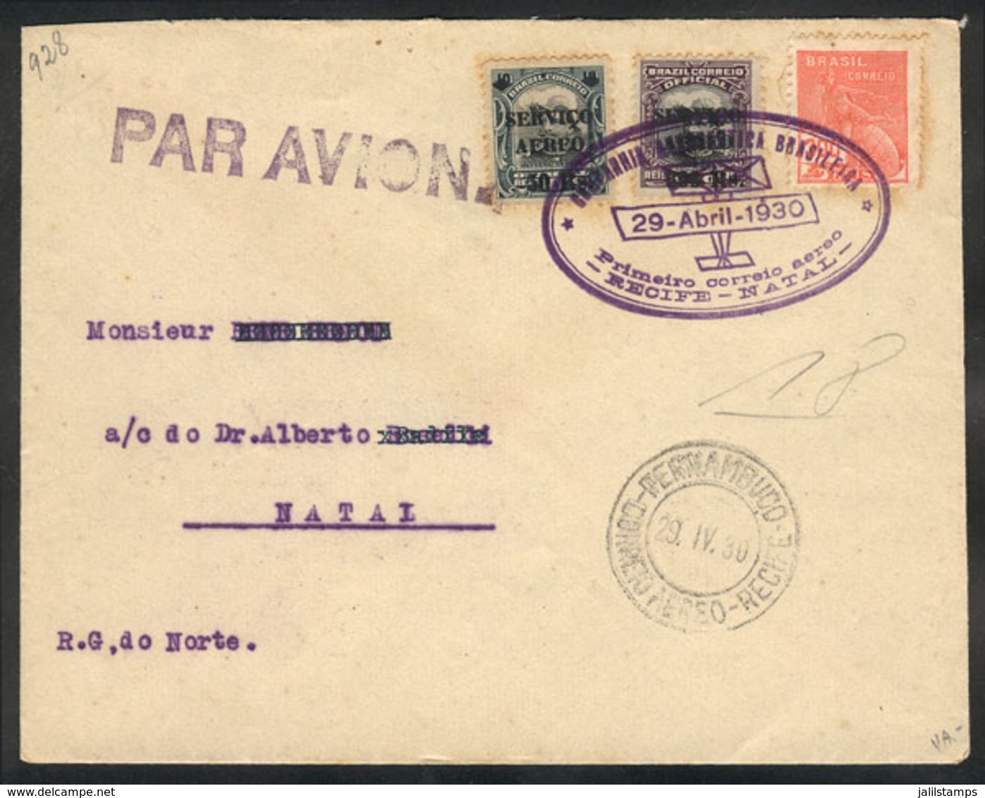 313 BRAZIL: 29/AP/1930 Recife - Natal: Cover Carried On First Airmail By C.A.B., VF Quality! - Altri & Non Classificati