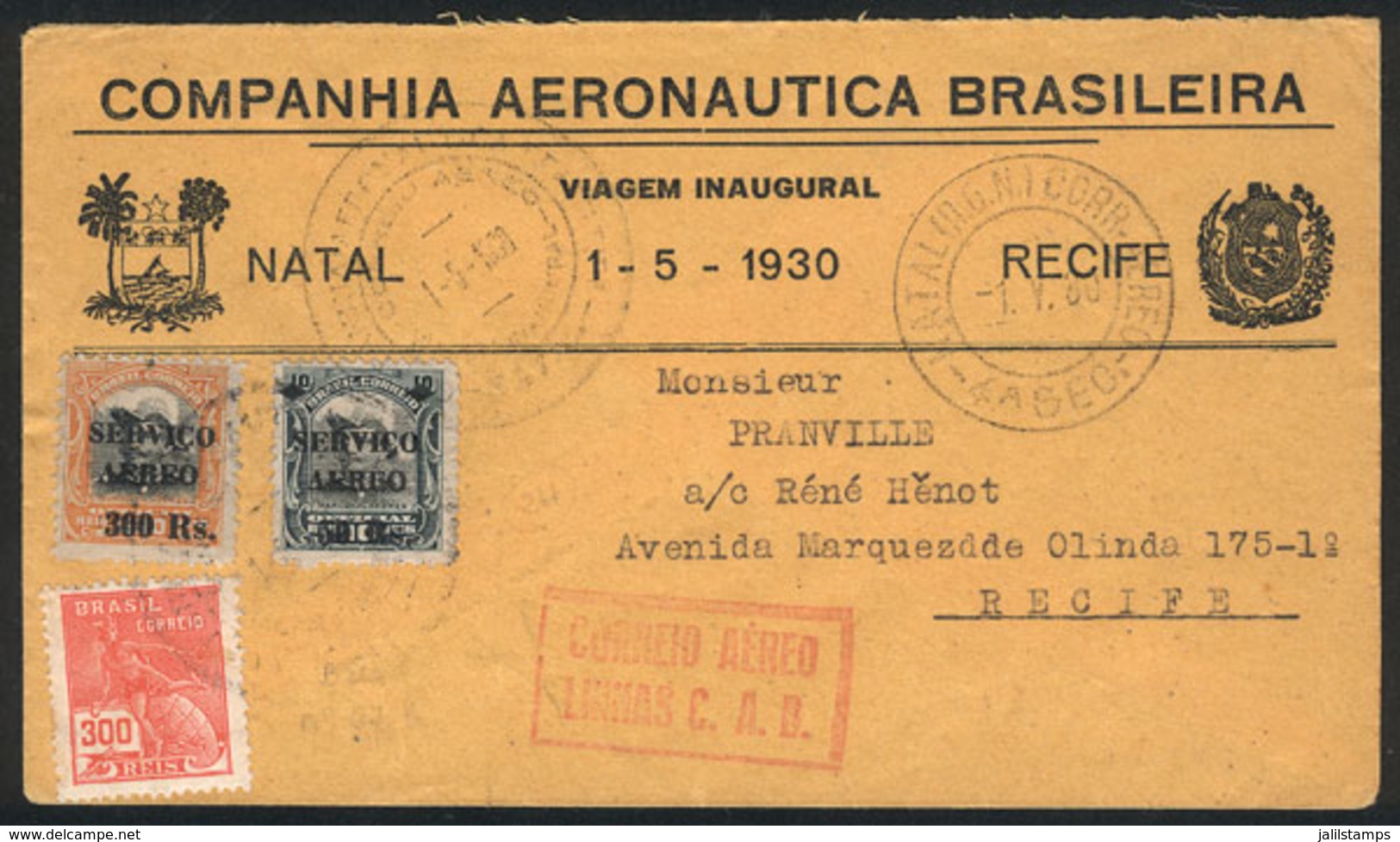 317 BRAZIL: 1/MAY/1930 First Airmail Flight Natal - Recife Via C.A.B., VF Quality, One Of Only 200 Covers Flown! - Sonstige & Ohne Zuordnung