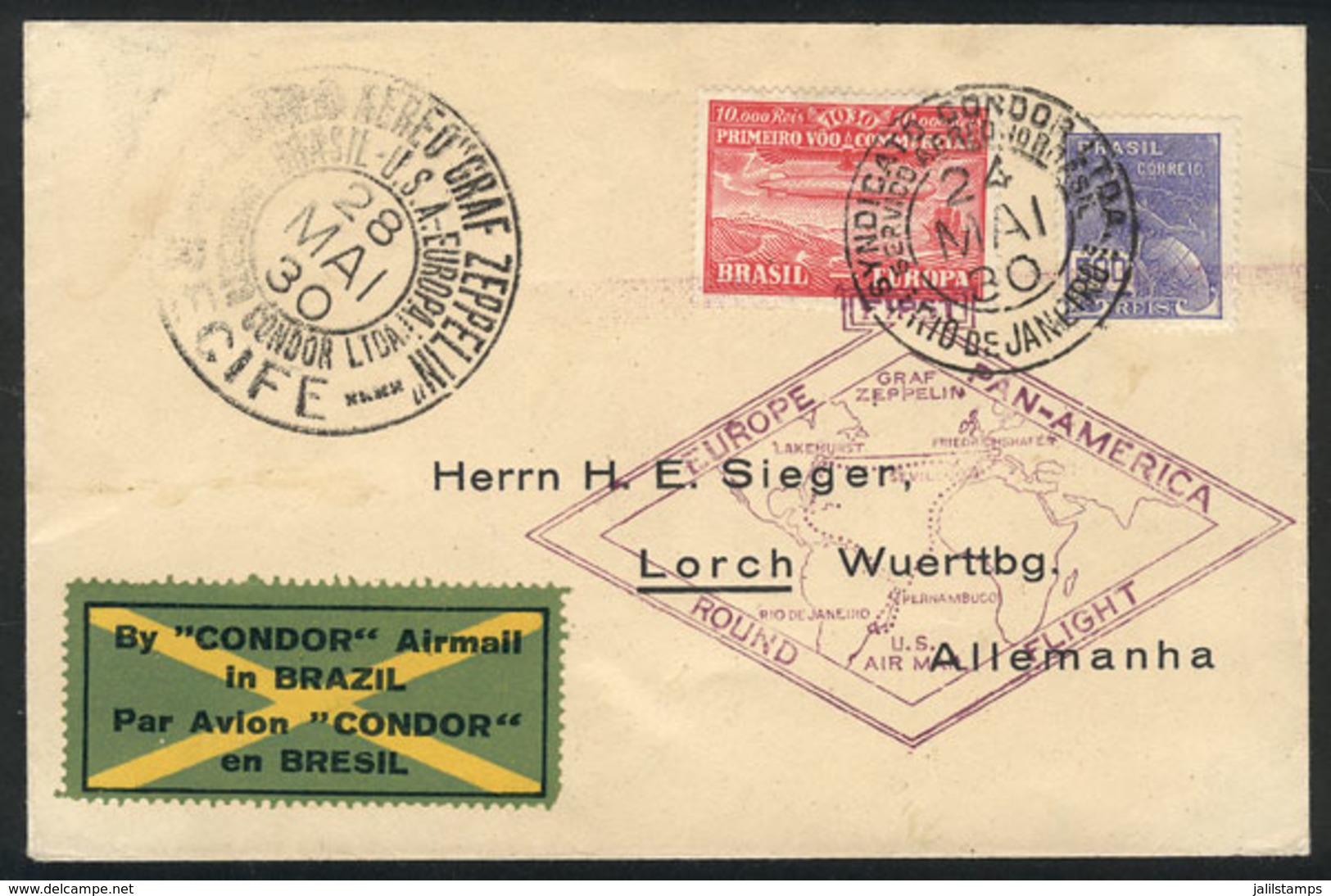 319 BRAZIL: 24/MAY/1930 Rio De Janeiro - Lorch (Germany), Via ZEPPELIN: Cover Franked By Sc.4CL2 + 500Rs. Definitive, Sp - Briefe U. Dokumente