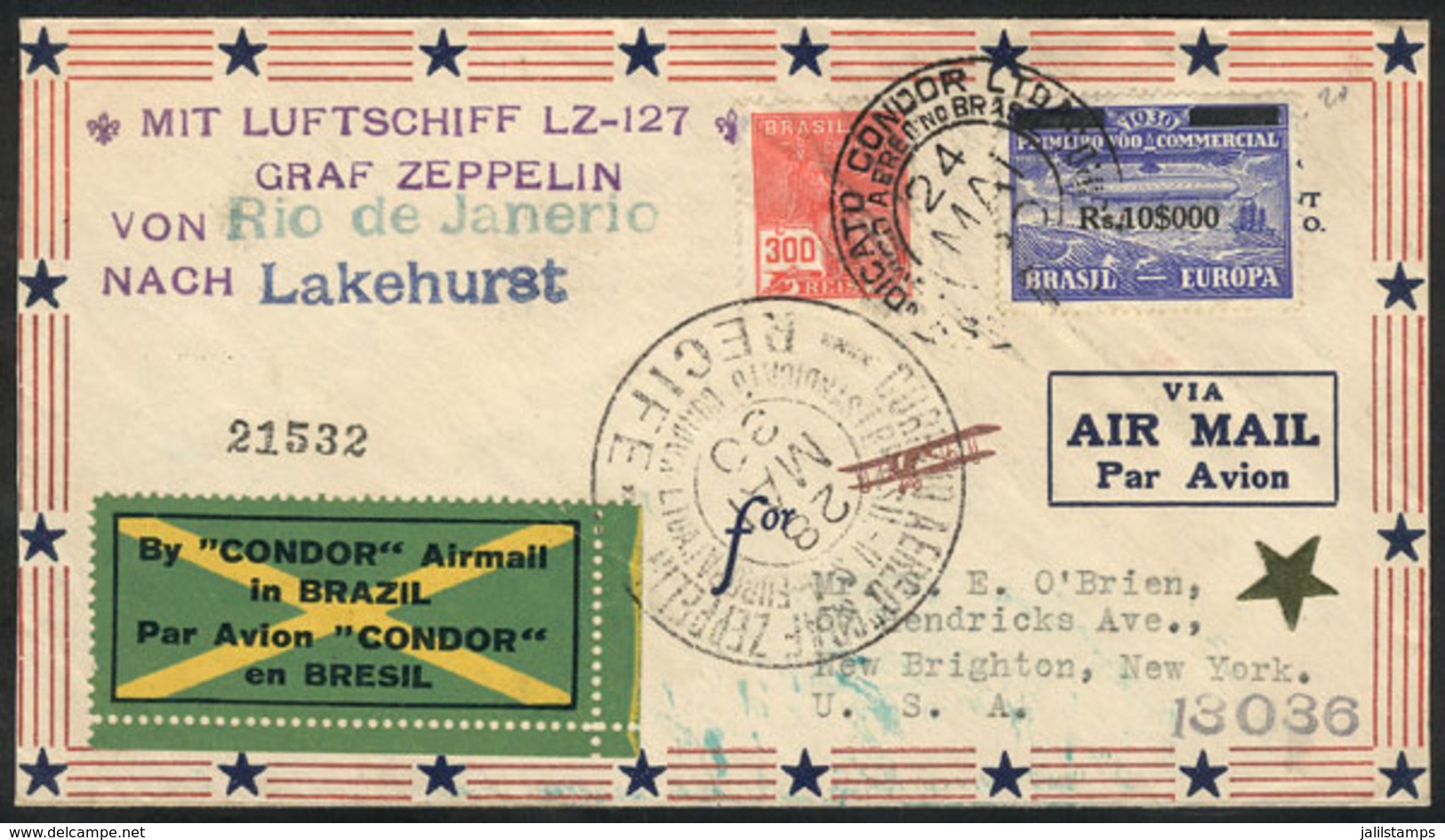322 BRAZIL: Airmail Cover Sent VIA ZEPPELIN From Recife To USA On 28/MAY1930, Franked By Sc.4CL5 + Another Value, VF Qua - Sonstige & Ohne Zuordnung