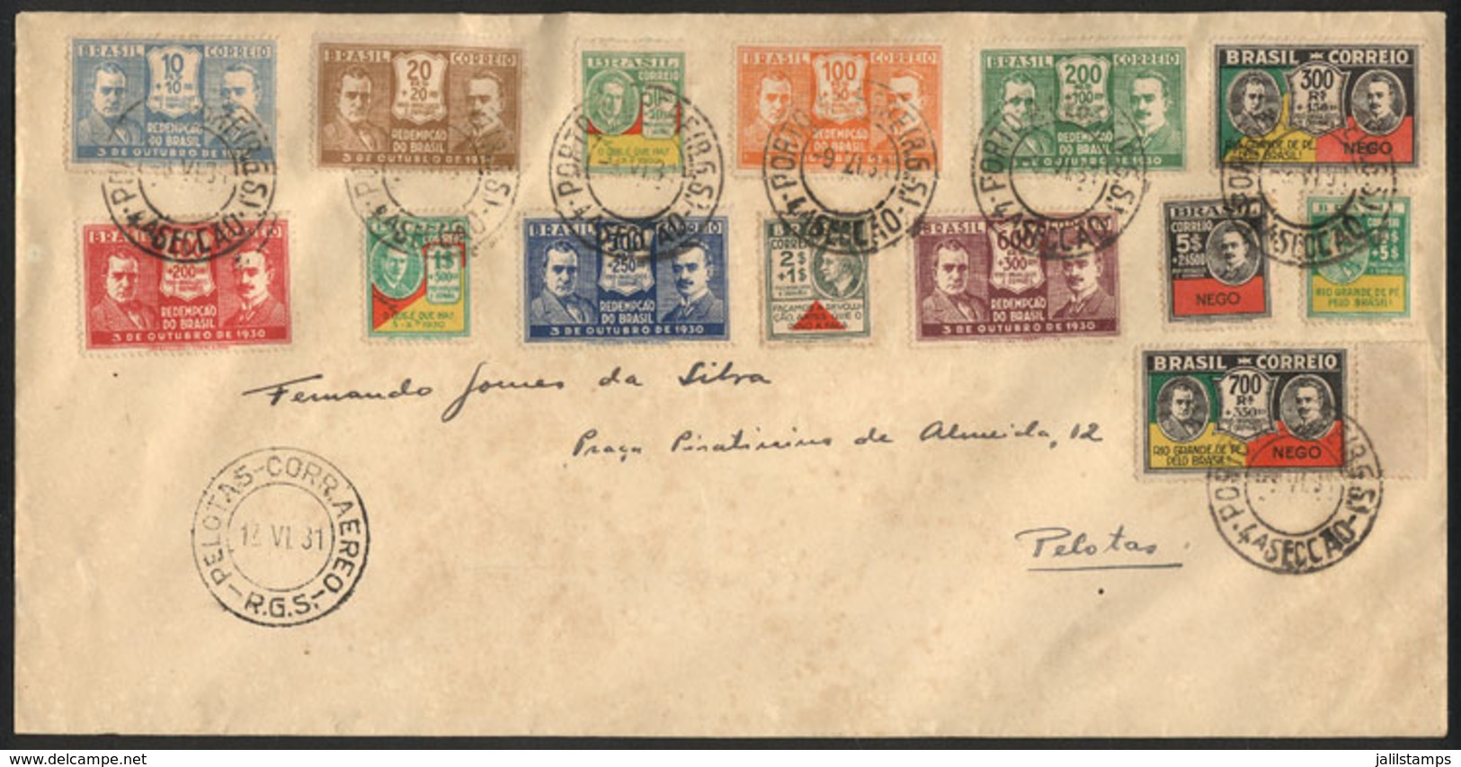 343 BRAZIL: Cover Franked With The Complete Set RHM.C-27/40, Cancelled Pelotas 12/JUN/1931, VF Quality! - Sonstige & Ohne Zuordnung