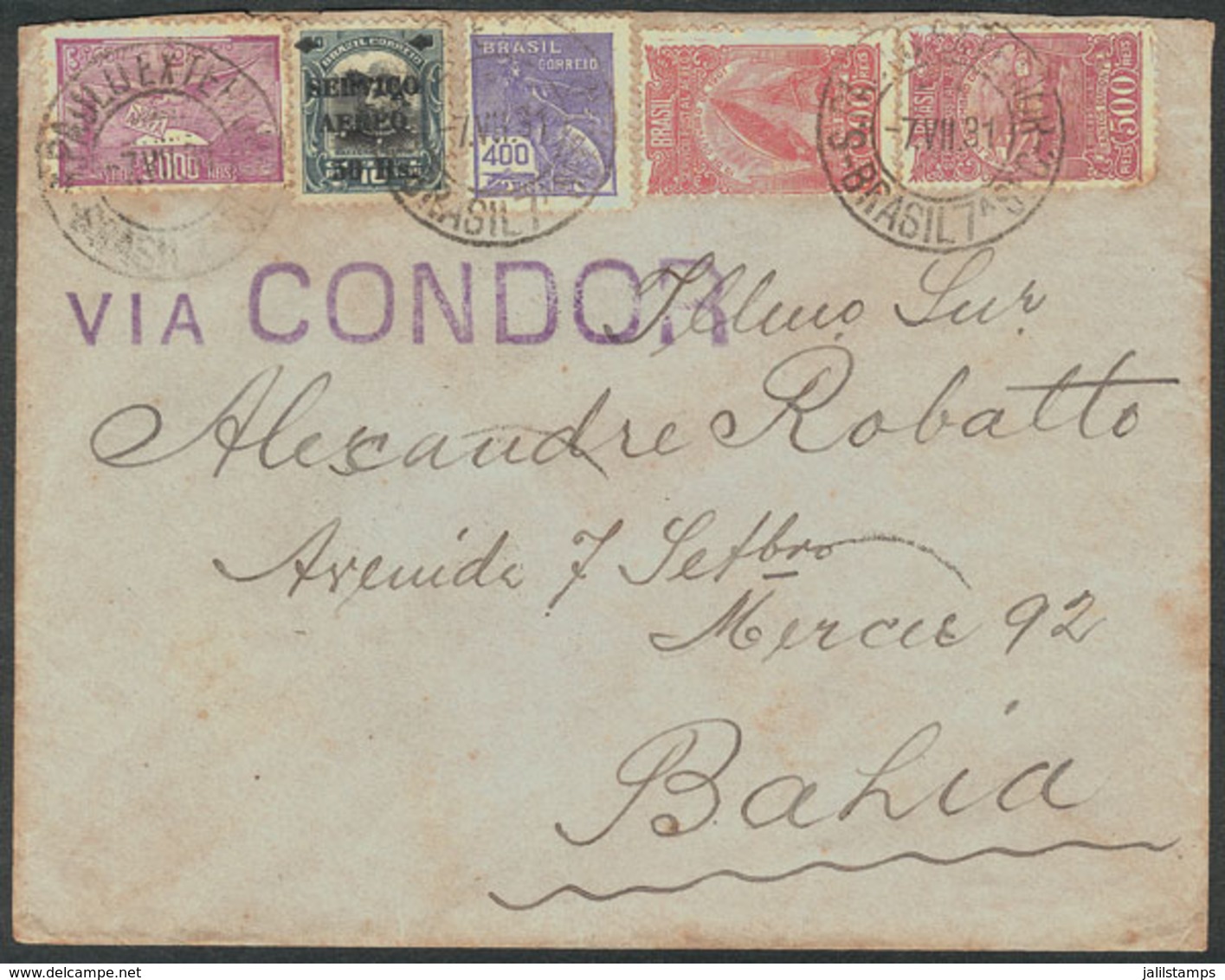 345 BRAZIL: Cover With Nice Multicolored Postage, Sent Via CONDOR On 7/JUL/1931 From Sao Paulo To Bahia, Very Nice. - Sonstige & Ohne Zuordnung