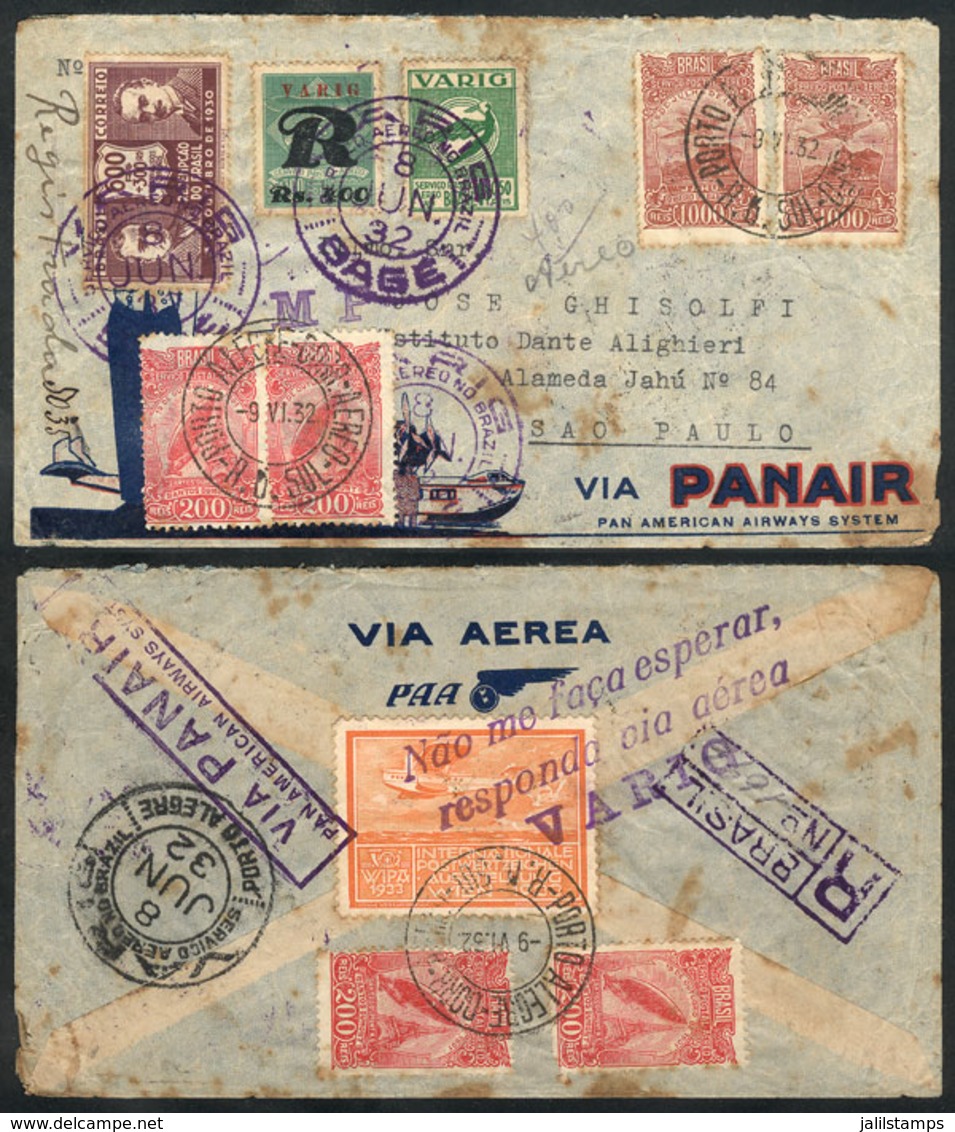 374 BRAZIL: Registered Airmail Cover Sent From Bagé To Sao Paulo On 8/JUN/1932 With Very Interesting Postage (including  - Otros & Sin Clasificación