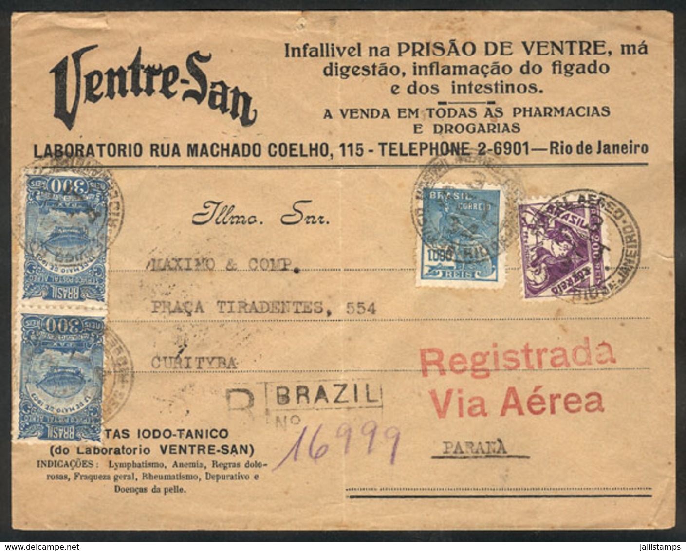 417 BRAZIL: Cover With Advertising Corner Card: Ventre-San, Digestive", Sent By Registered Mail From Rio To Curitiba On  - Otros & Sin Clasificación
