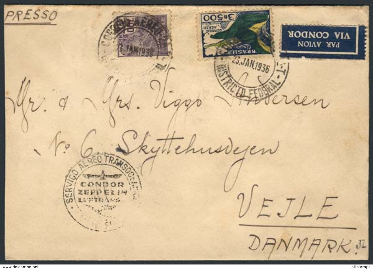 421 BRAZIL: Airmail Cover Sent From Rio To Denmark On 23/JA/1936, Interesting! - Otros & Sin Clasificación