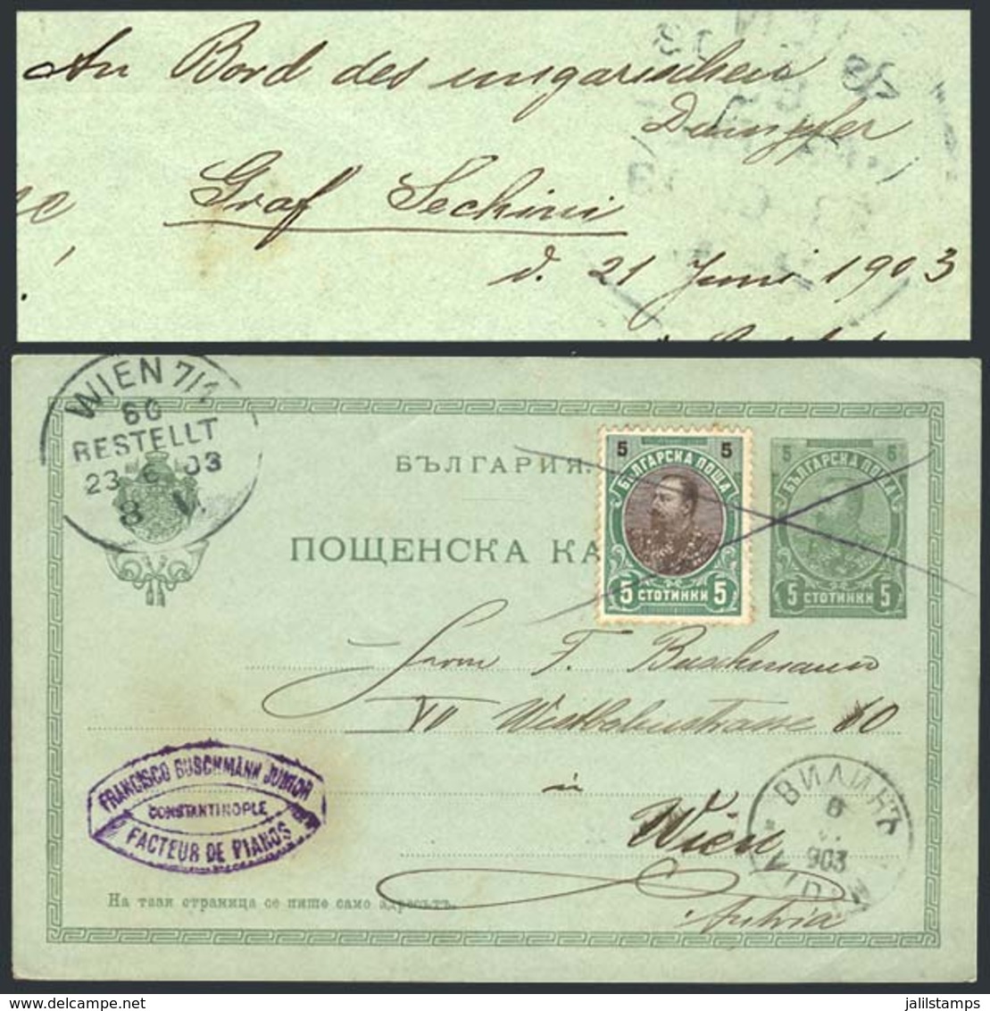 845 BULGARIA: 5c. Postal Card + 5c. With Pencil Cancellation And Handstamp Of The Sender At Bottom Left: Francisco Gusch - Altri & Non Classificati