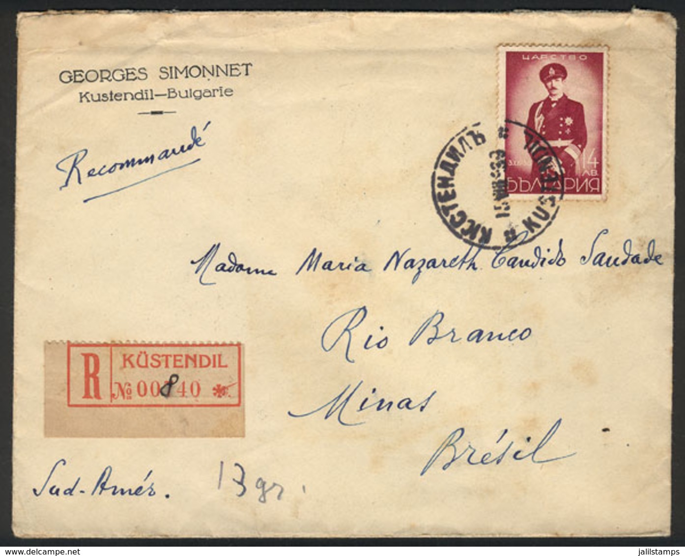 849 BULGARIA: Registered Cover Sent From Küstendil To Brazil On 15/AU/1939, Unusual Destination! - Altri & Non Classificati
