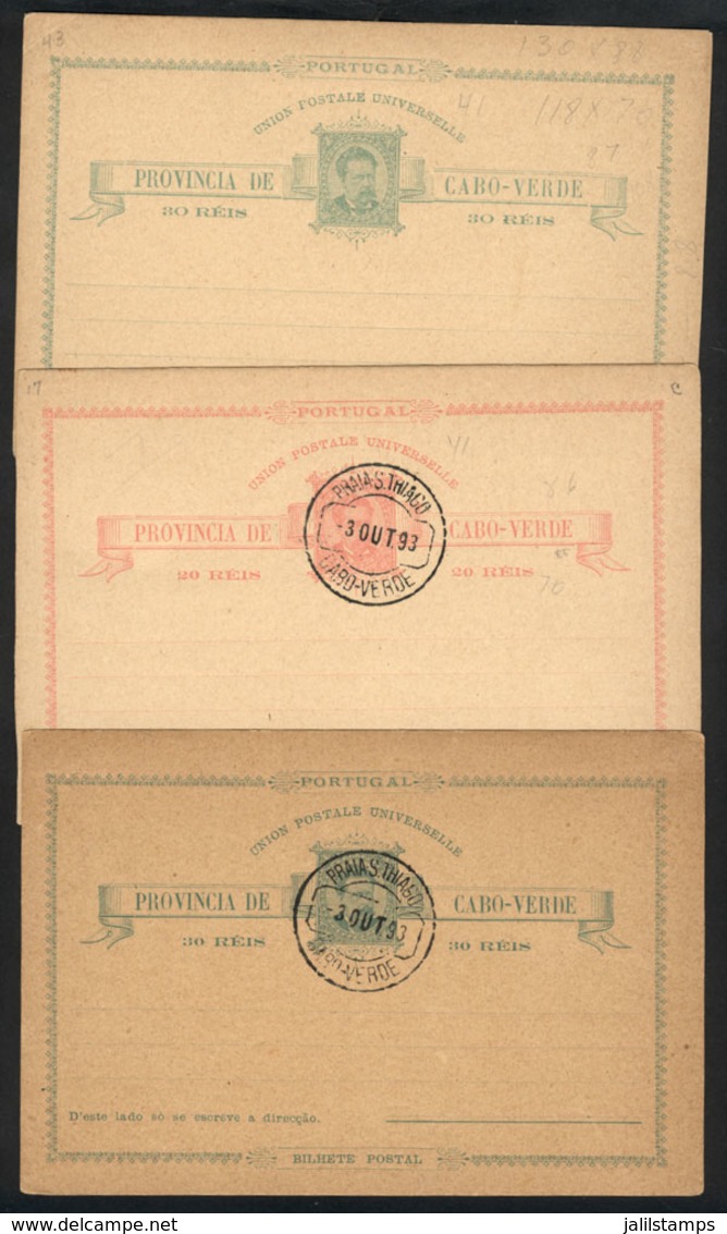 851 CAPE VERDE: 3 Old Unused Postal Cards, 2 Cancelled To Favor In Praias Thiago, Very Nice! - Kap Verde